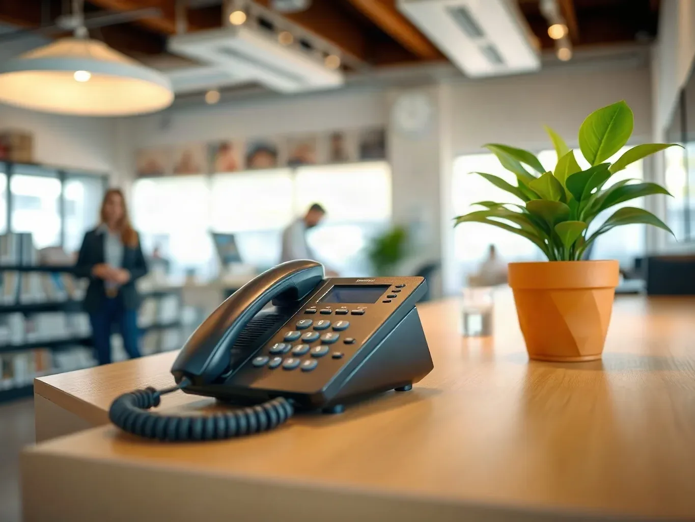 Small-business reception desk with a potted plant and a telephone handset
