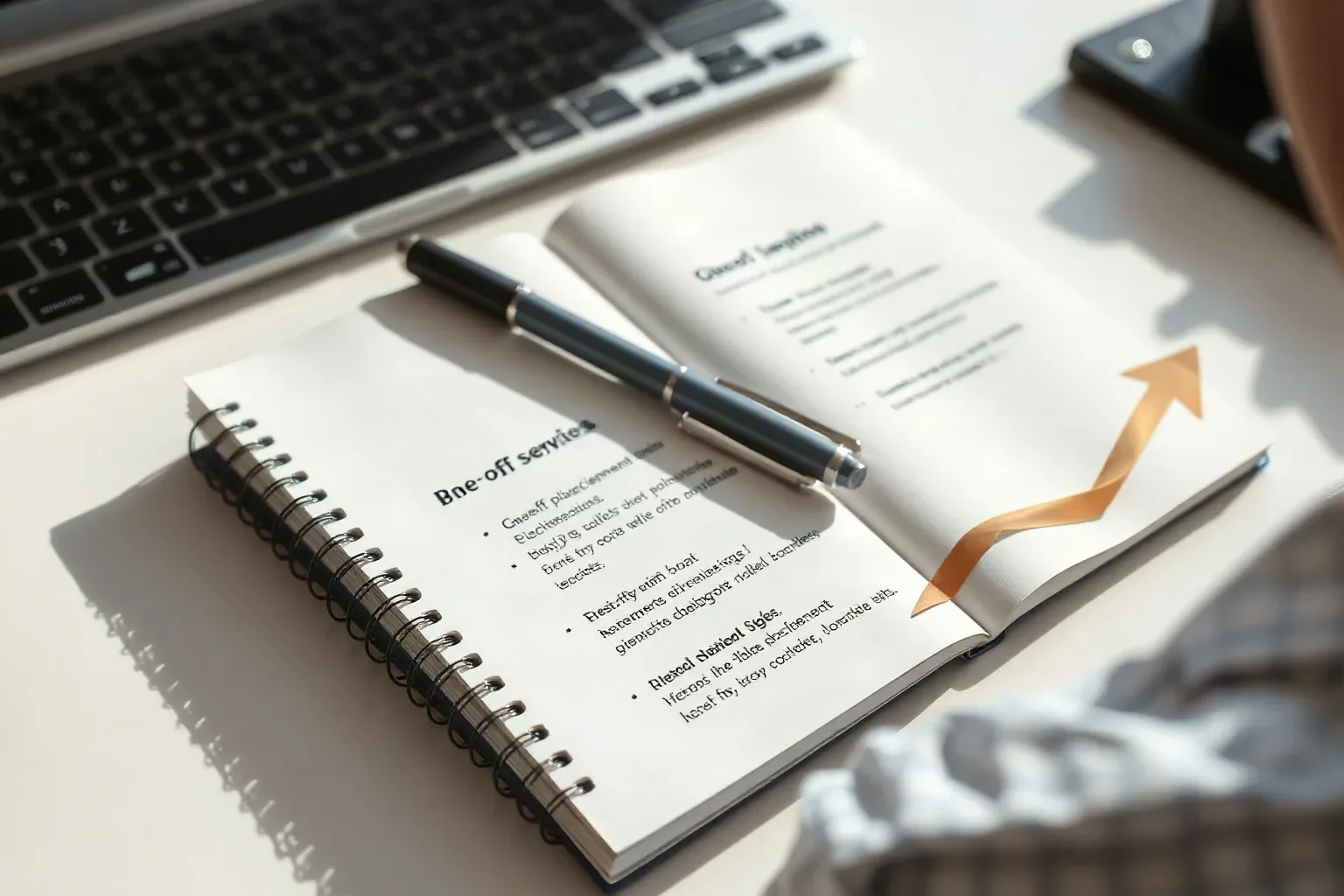 A spiral notebook lying open beside a keyboard