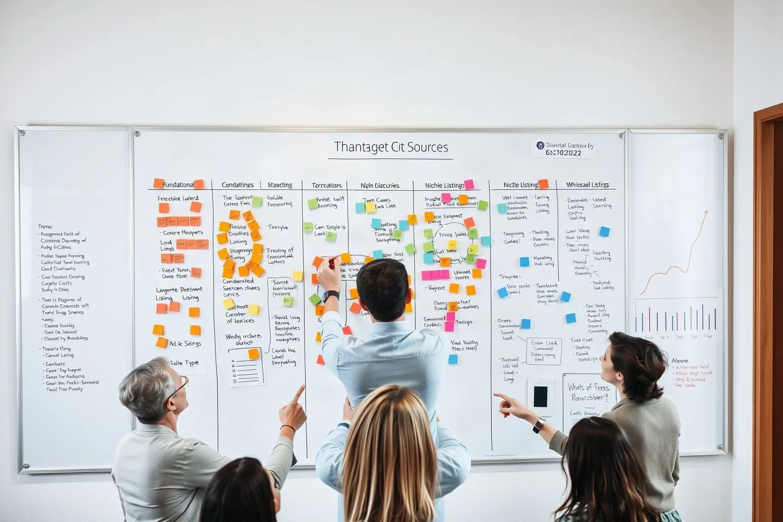 A large wall-mounted planning board covered in abstract colour-coded markers