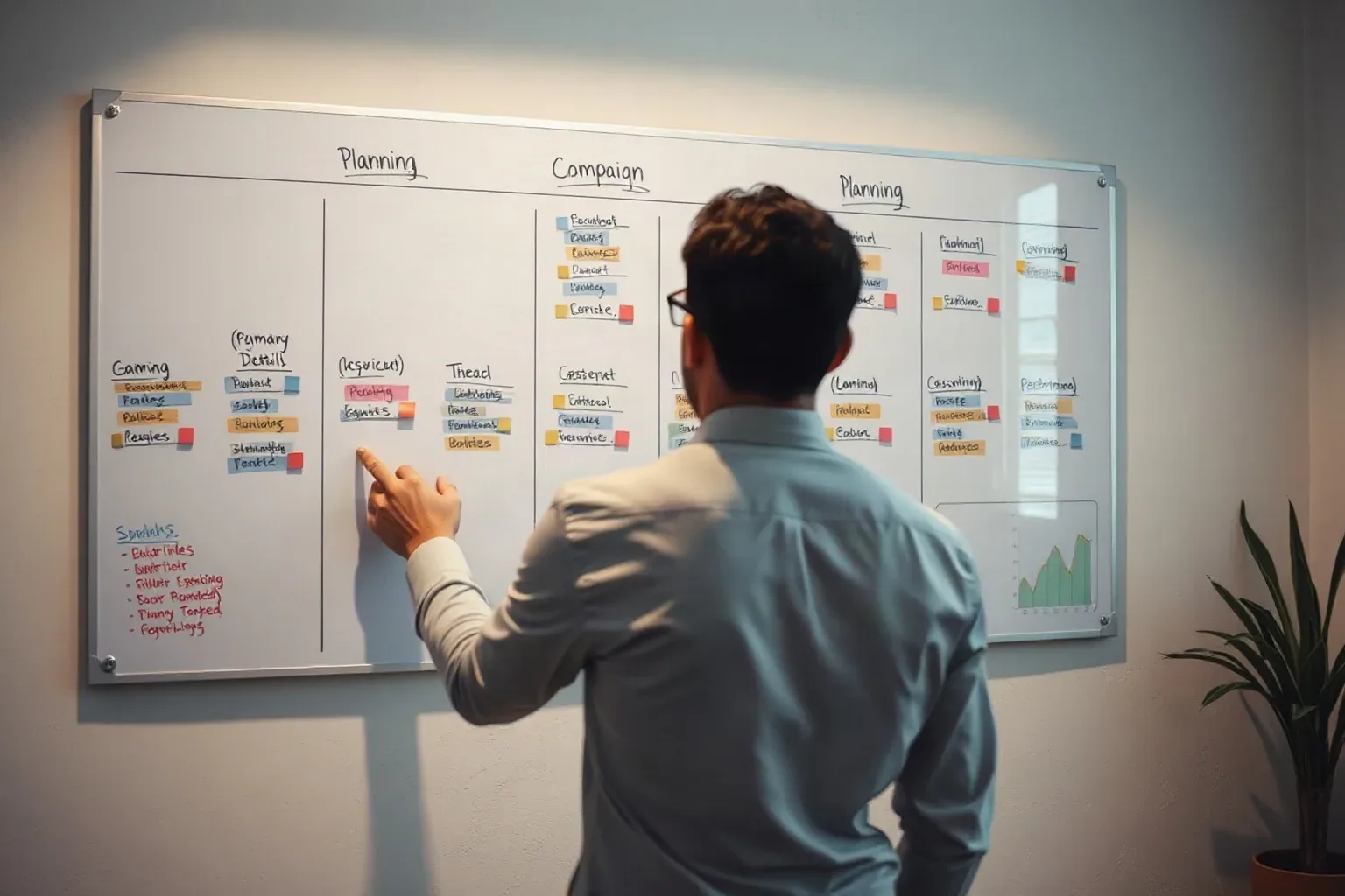 A large wall-mounted planning board covered in abstract colour-coded markers