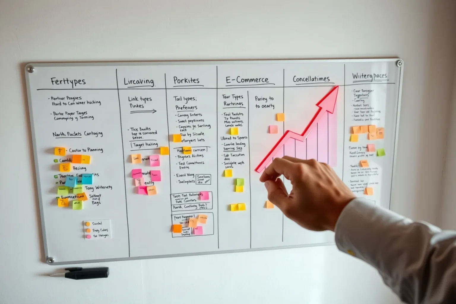 A large wall-mounted planning board covered in abstract colour-coded markers