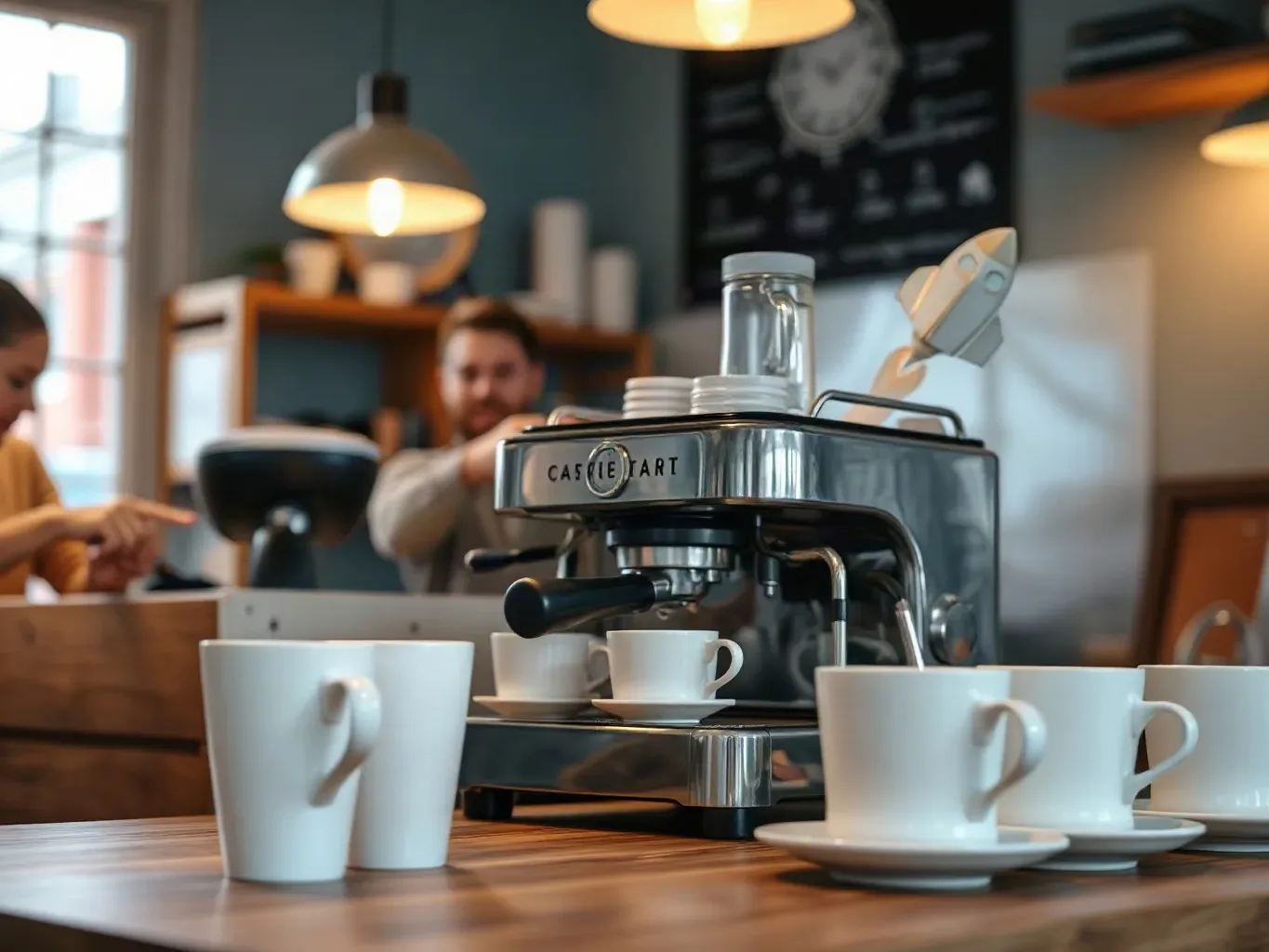 An espresso machine and a row of cups on a café service counter