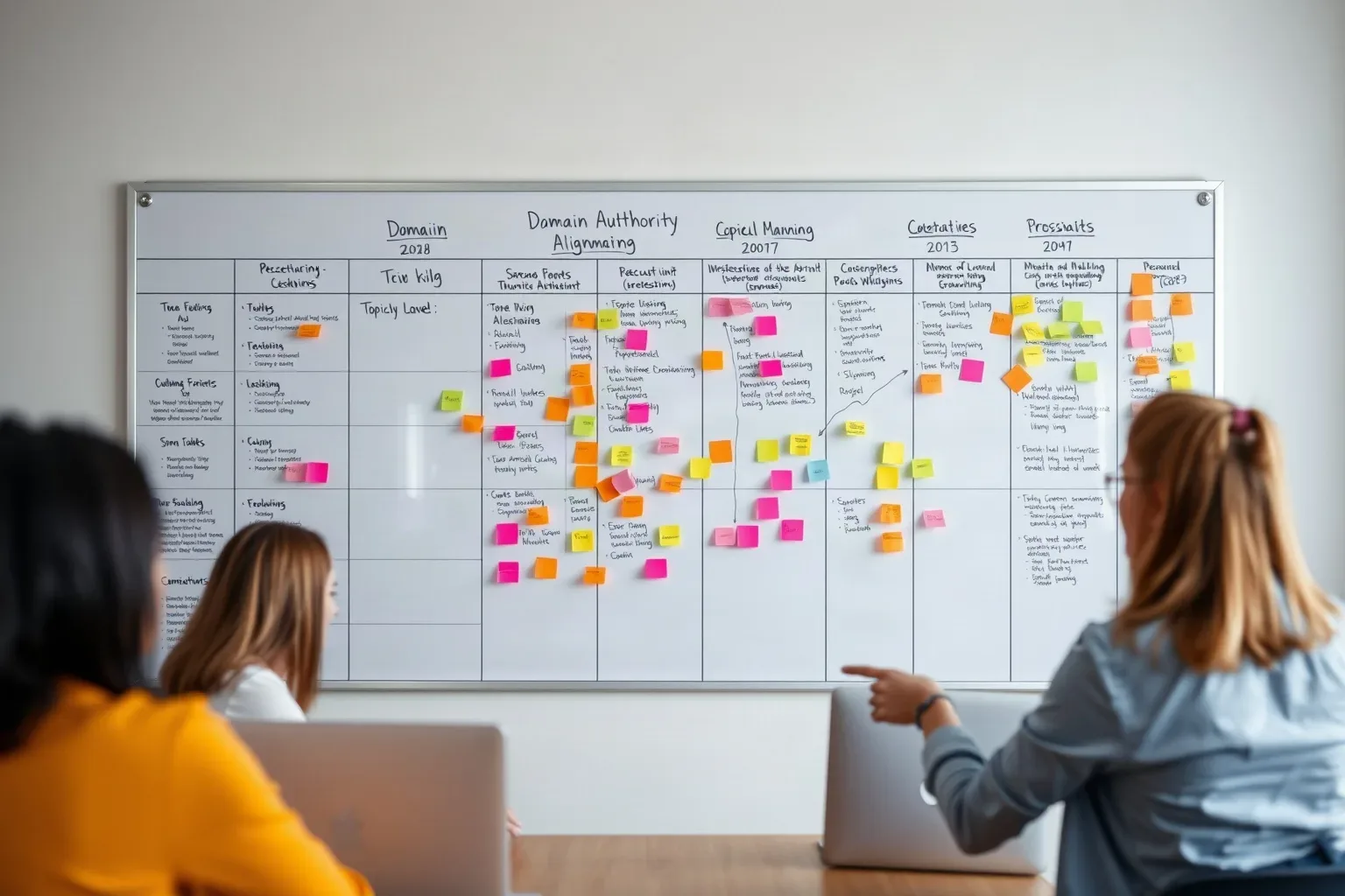 A large wall-mounted planning board covered in abstract colour-coded markers