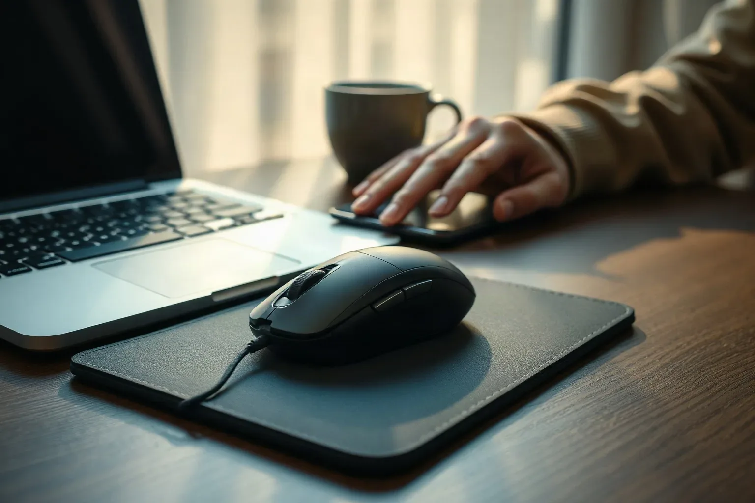 A precision mouse resting on a matte pad beside a closed laptop