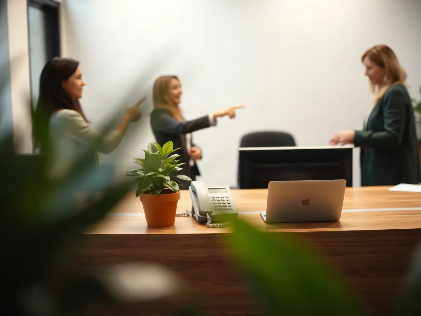 A small-business reception desk with a potted plant and a telephone handset