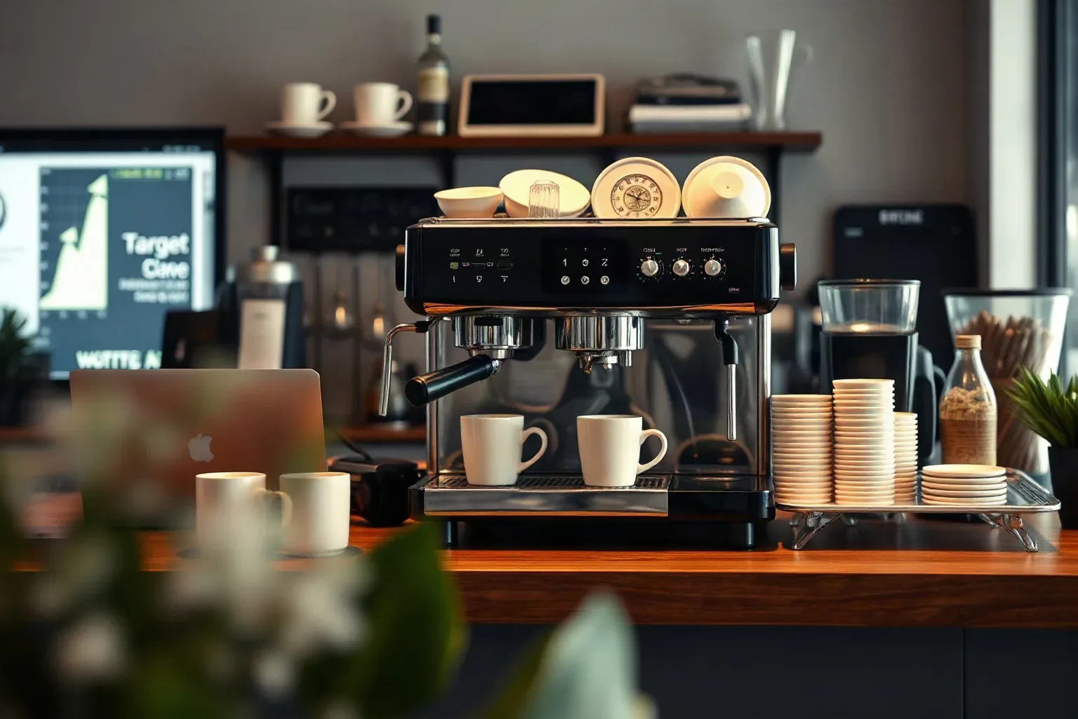 An espresso machine and a row of cups on a café service counter