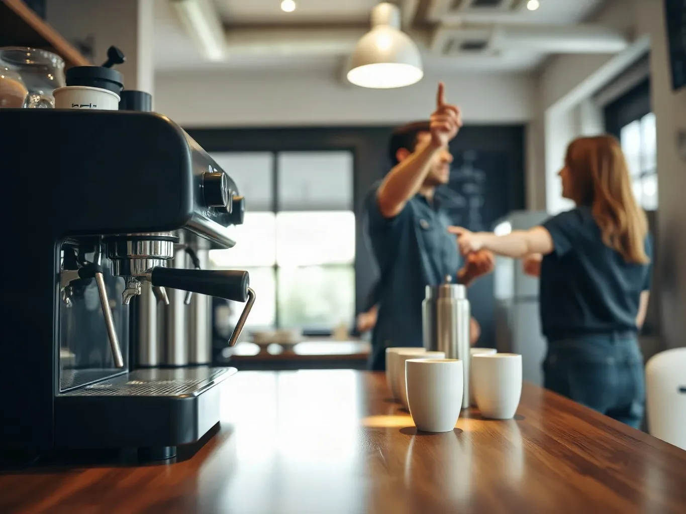 An espresso machine and a row of cups on a café service counter