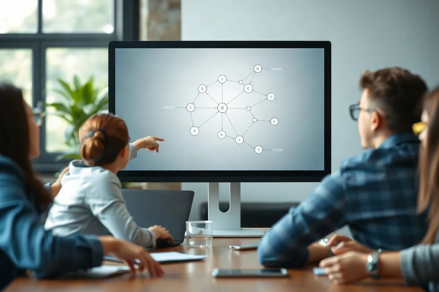 Monitor displaying an abstract node-and-edge link graph with unreadable content