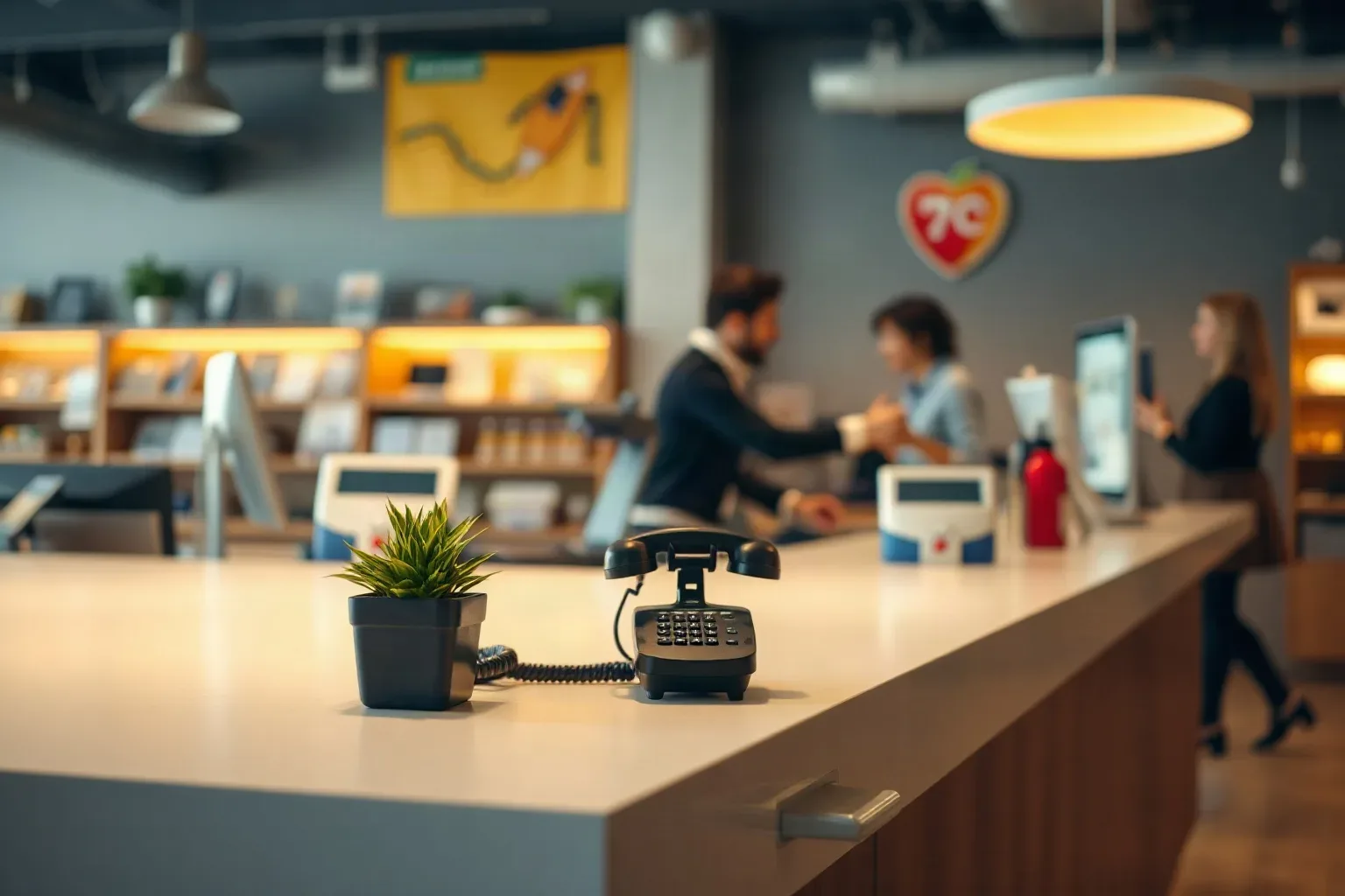 Clean retail service counter with a small potted plant and a telephone handset