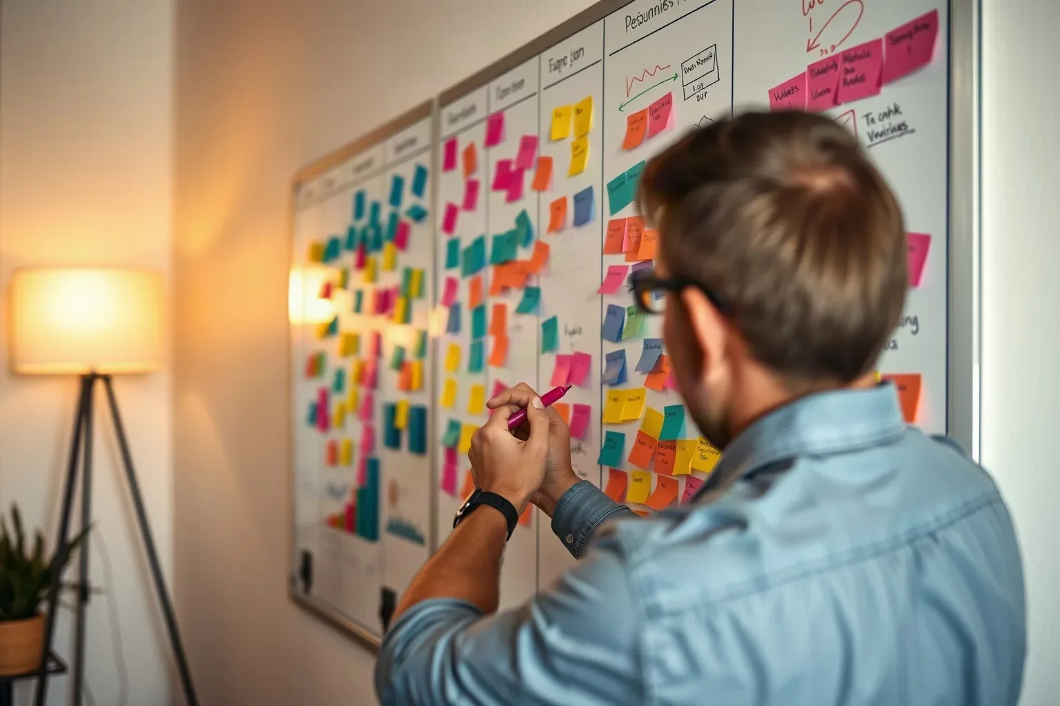A large wall-mounted planning board covered in abstract colour-coded markers