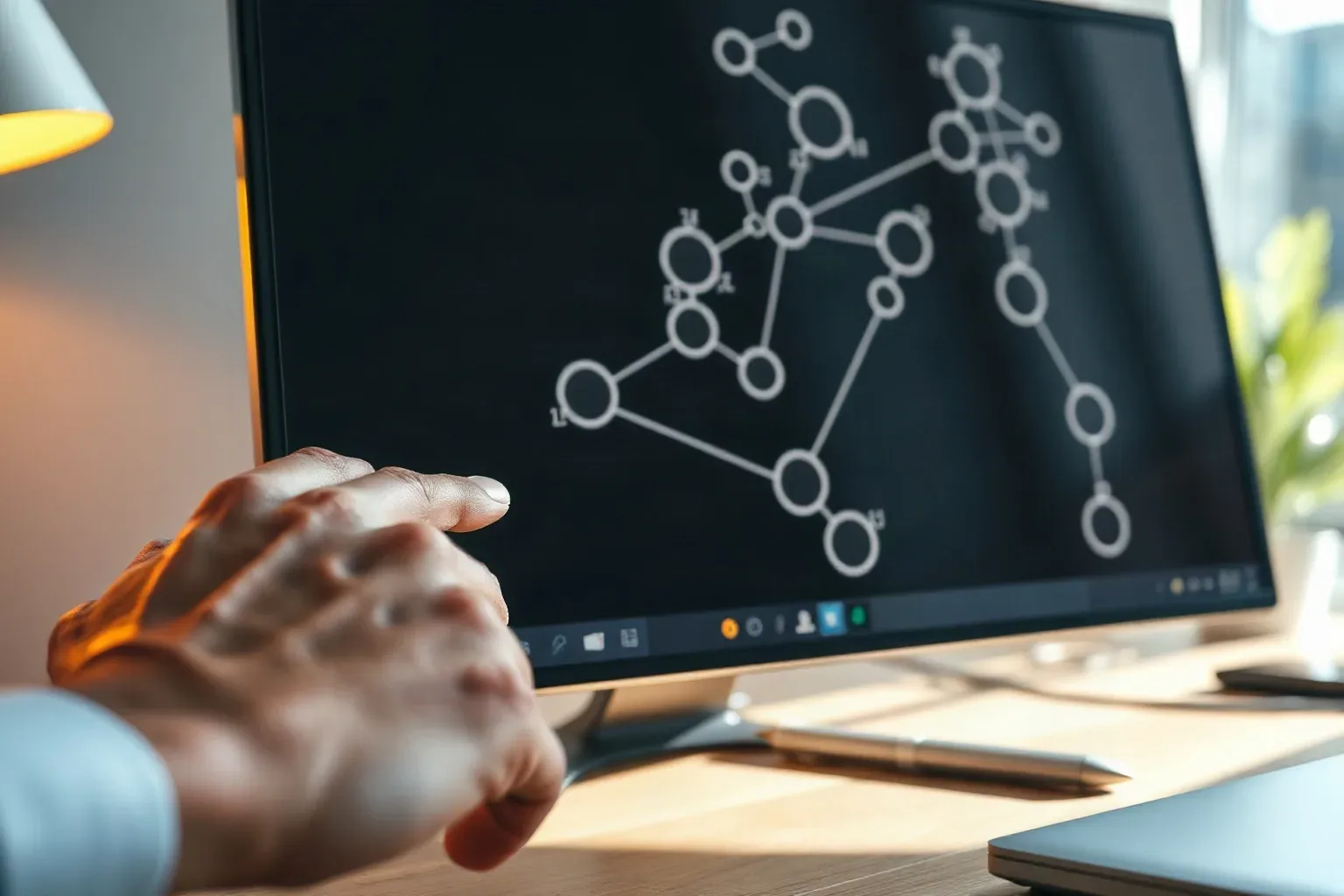 Monitor displaying an abstract node-and-edge link graph with unreadable content