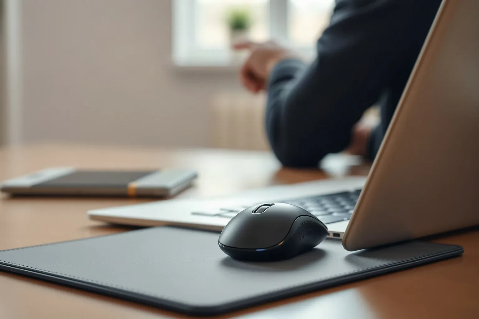 Precision mouse resting on a matte pad beside a closed laptop