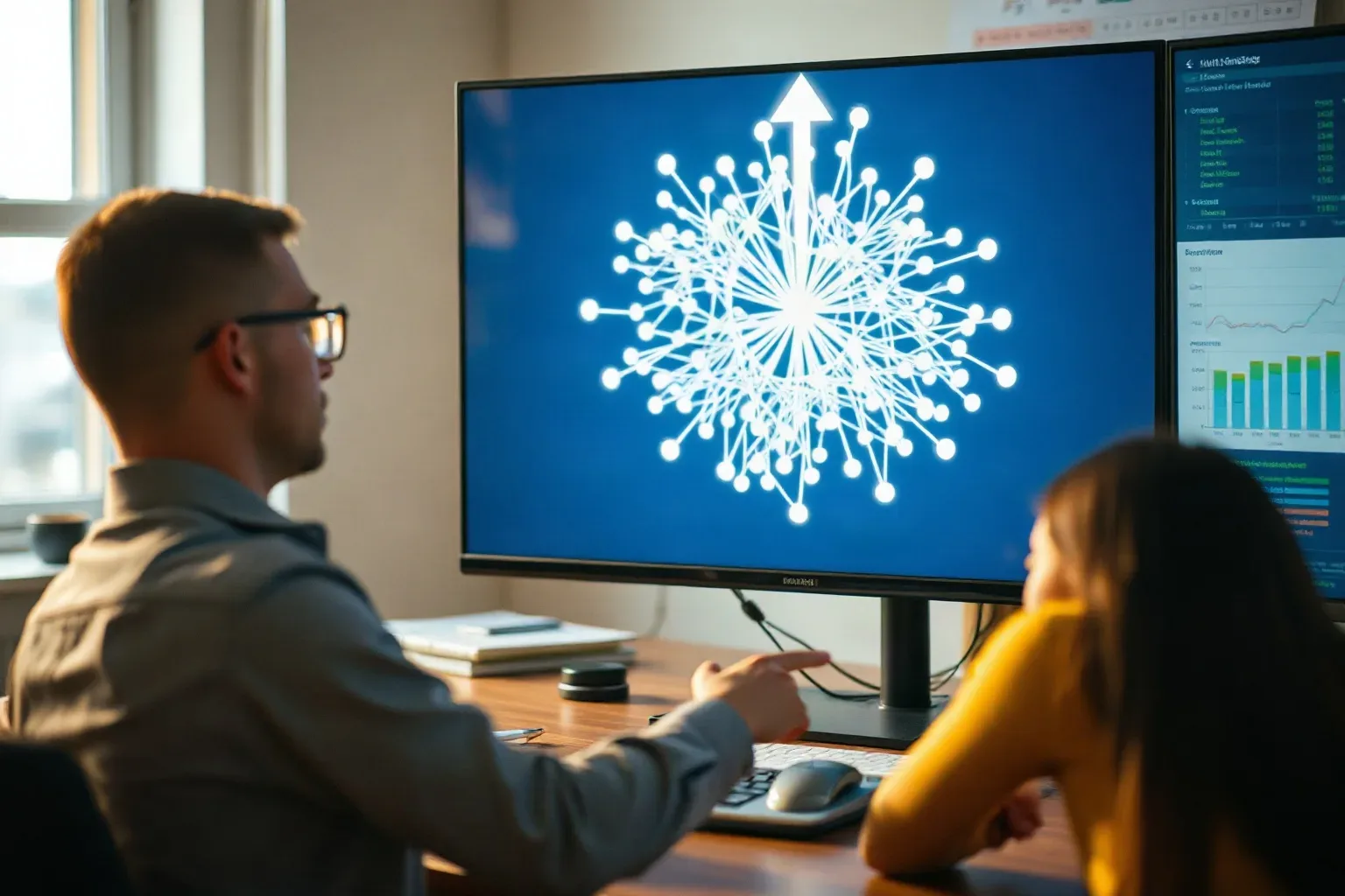 A wide monitor displaying an abstract node-and-edge link graph with unreadable content