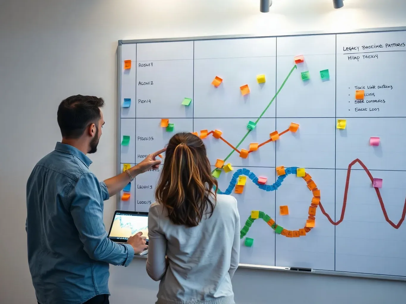 A large wall-mounted planning board covered in abstract colour-coded markers
