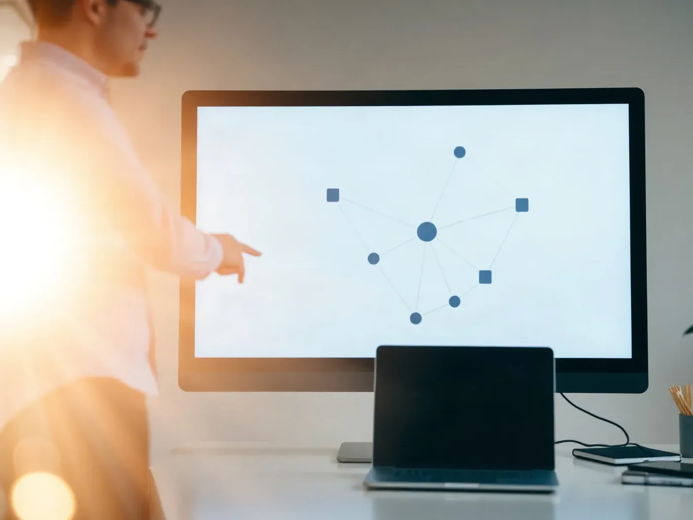 Monitor displaying an abstract node-and-edge link graph with unreadable content