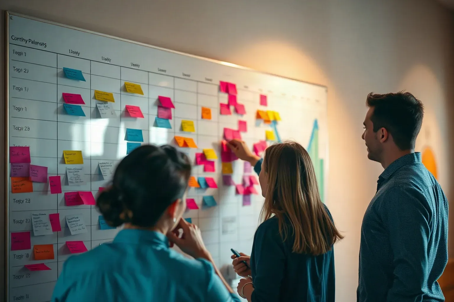 A large wall-mounted planning board covered in abstract colour-coded markers