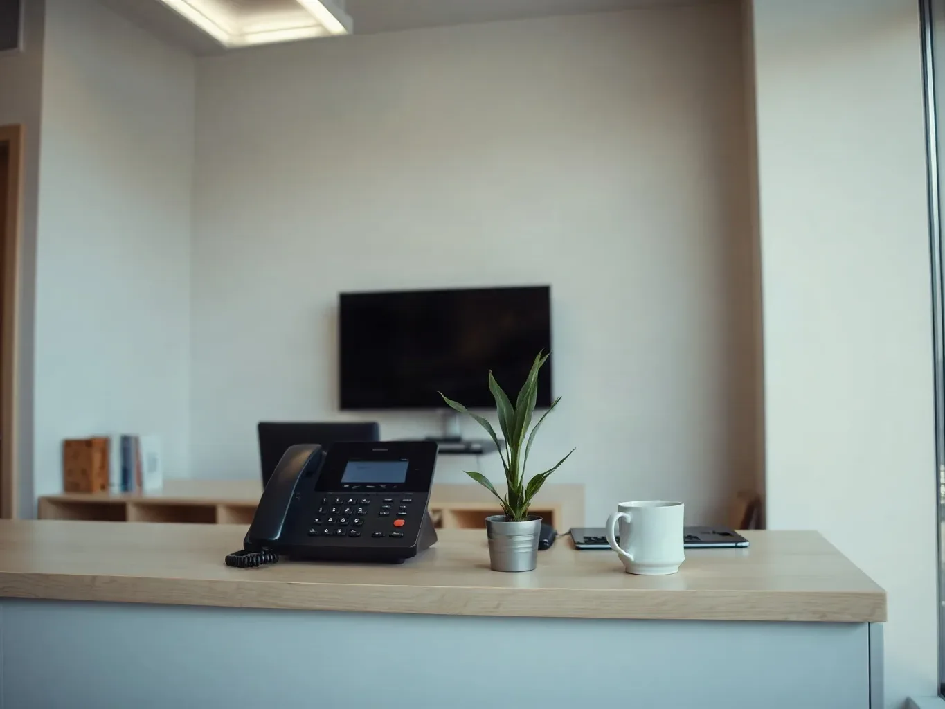 A small-business reception desk with a potted plant and a telephone handset