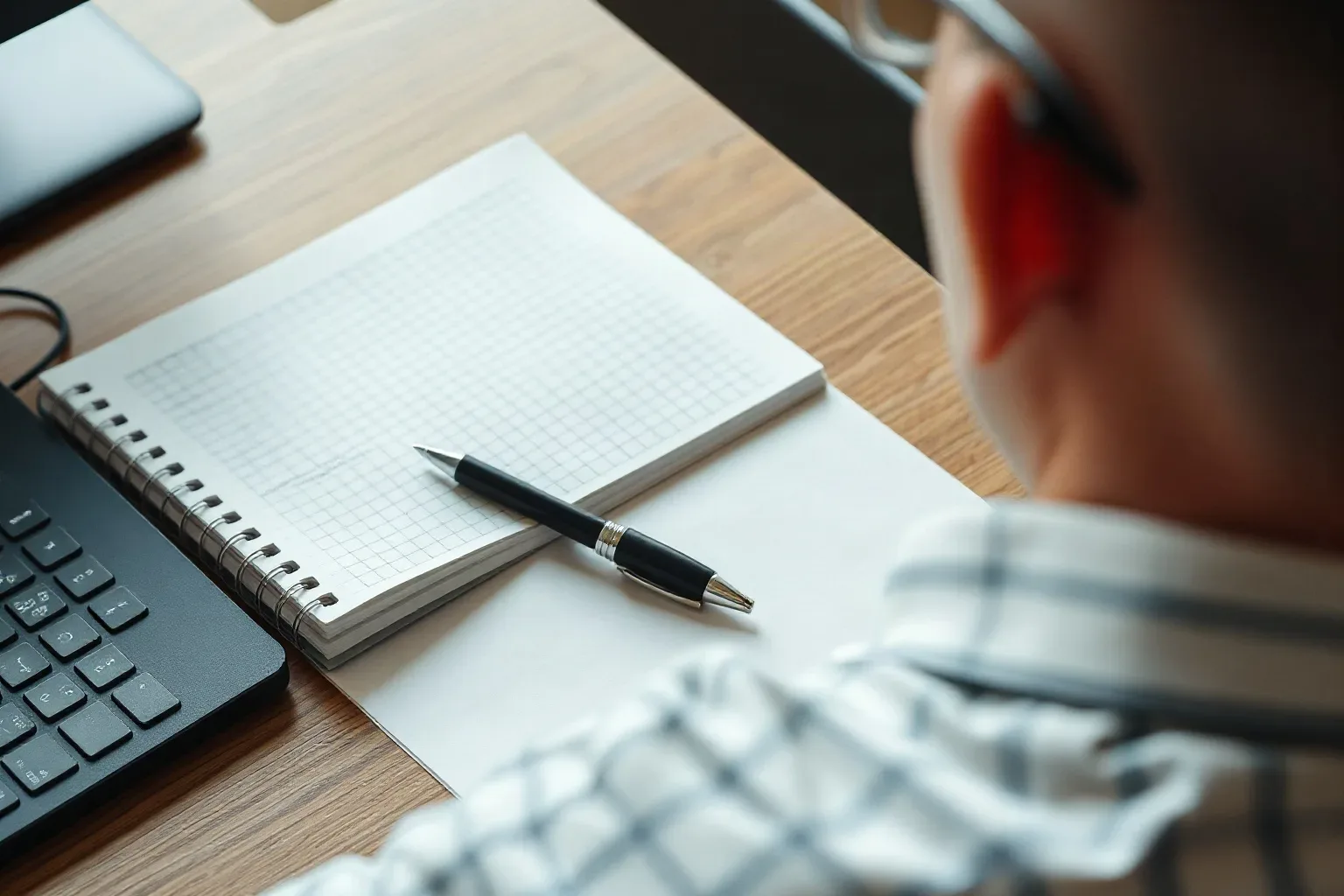 A spiral notebook lying open beside a keyboard