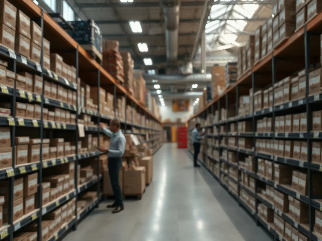 Shelving running through a trade interior stocked with uniform product units