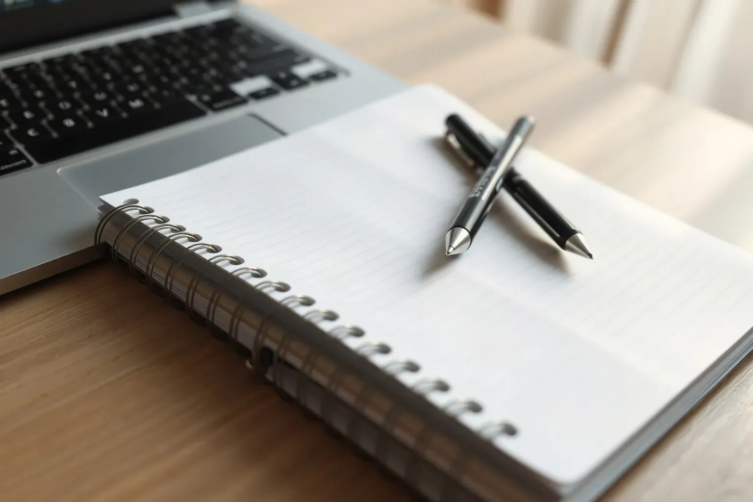 A spiral notebook lying open beside a keyboard