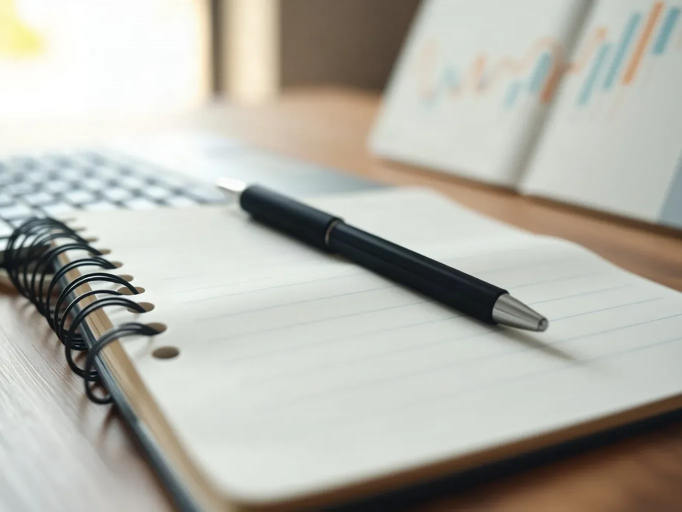 A spiral notebook lying open beside a keyboard