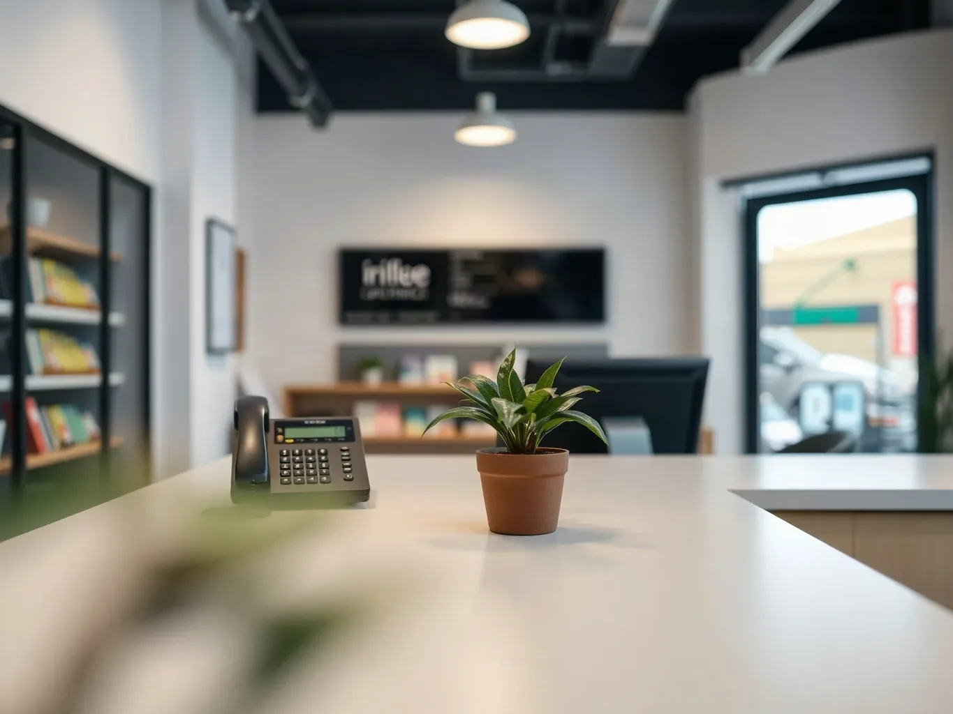 A clean retail service counter with a small potted plant and a telephone handset