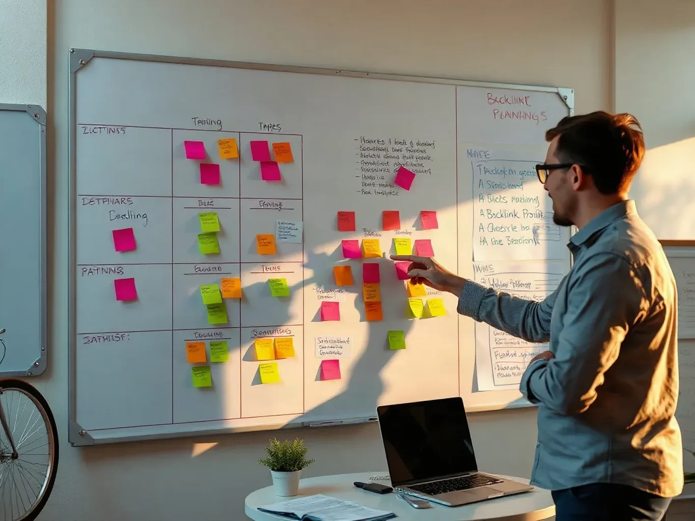 Large wall-mounted planning board covered in abstract colour-coded markers