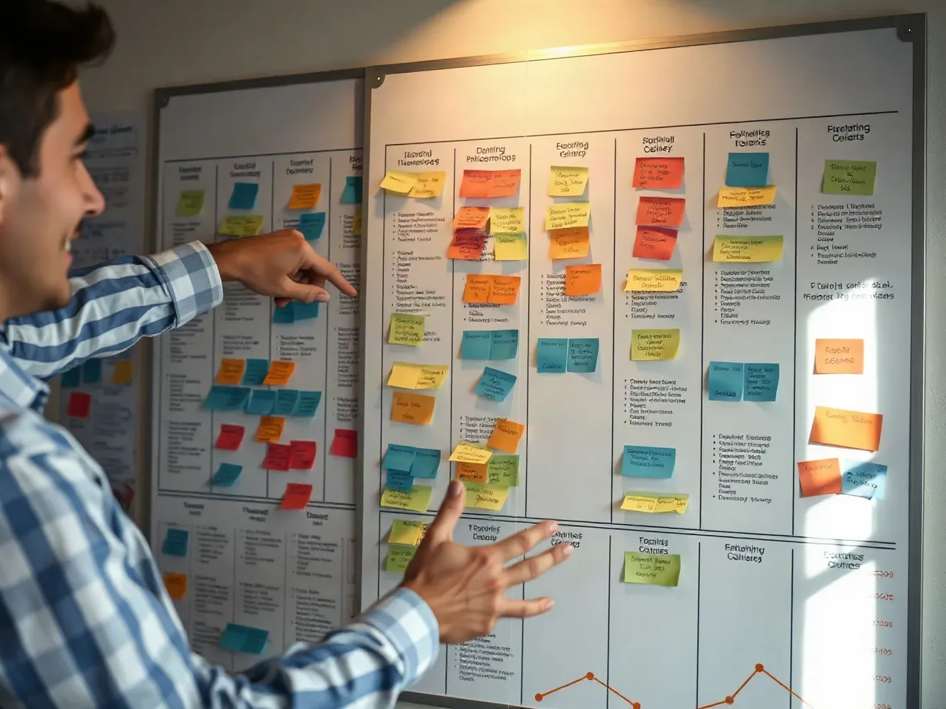 A large wall-mounted planning board covered in abstract colour-coded markers