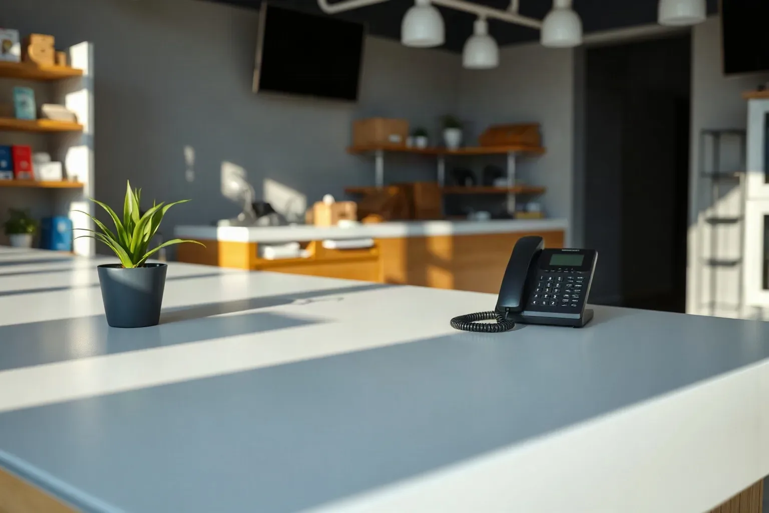 A counter surface of a clean retail service desk