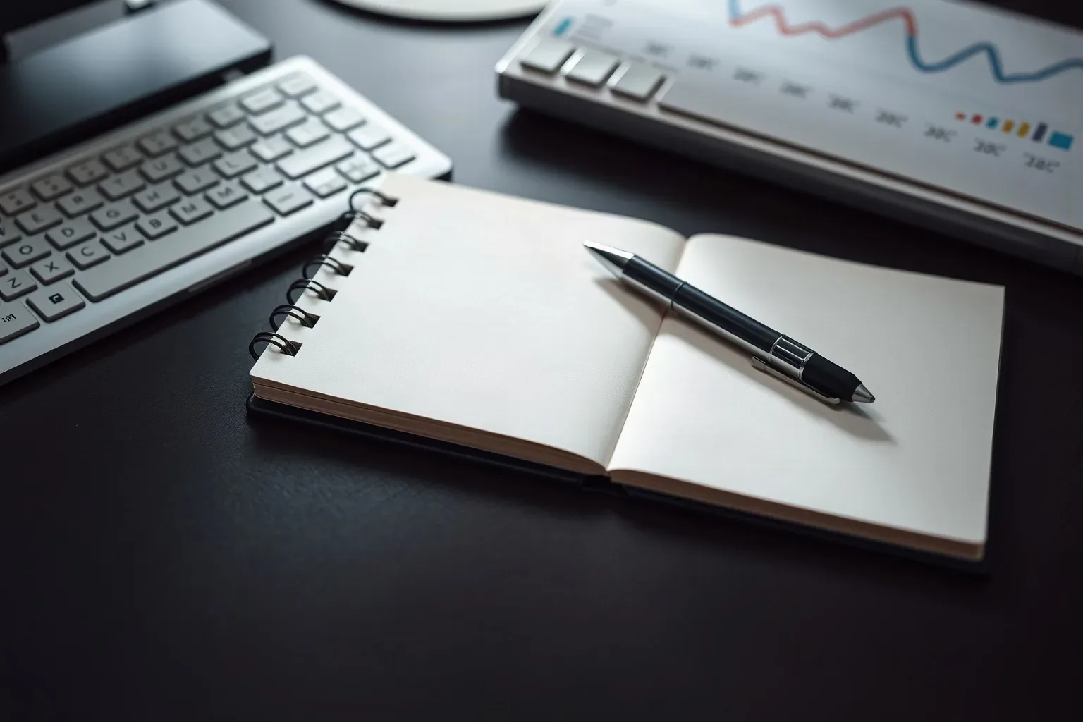 A spiral notebook lying open beside a keyboard
