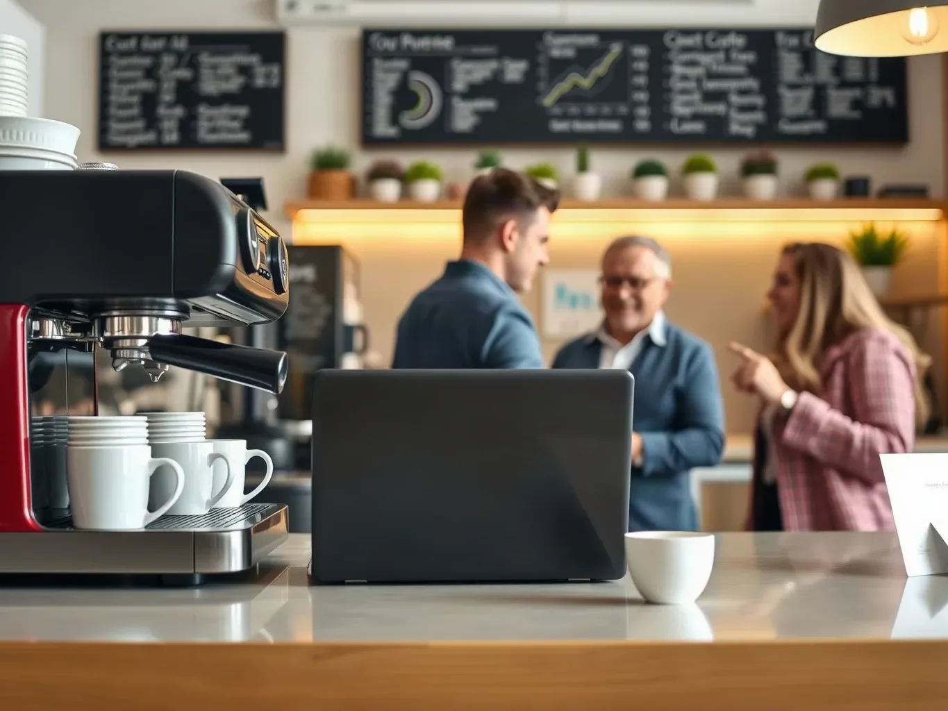 Espresso machine and a row of cups on a café service counter