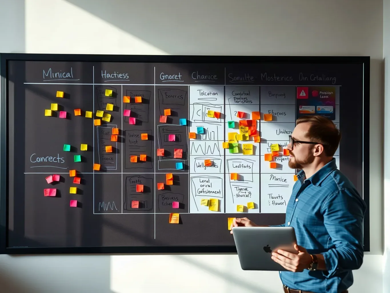 A large wall-mounted planning board covered in abstract colour-coded markers