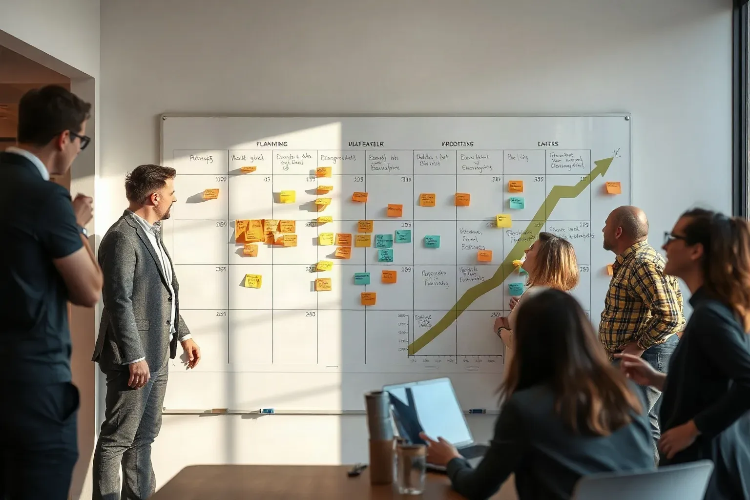 Large wall-mounted planning board covered in abstract colour-coded markers