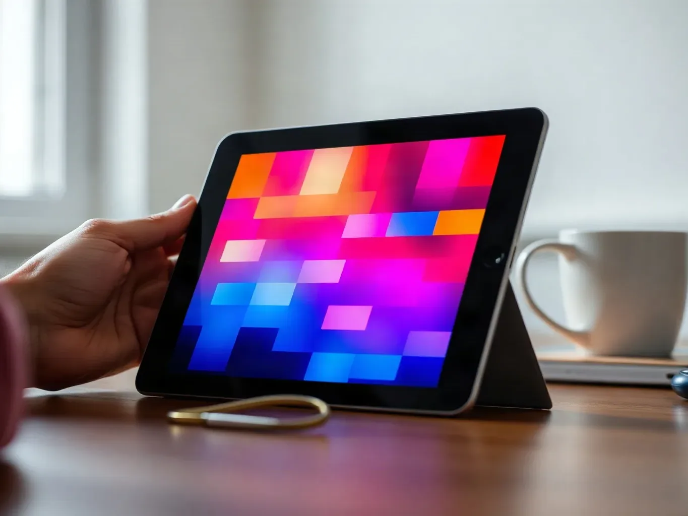 A tablet propped at an angle