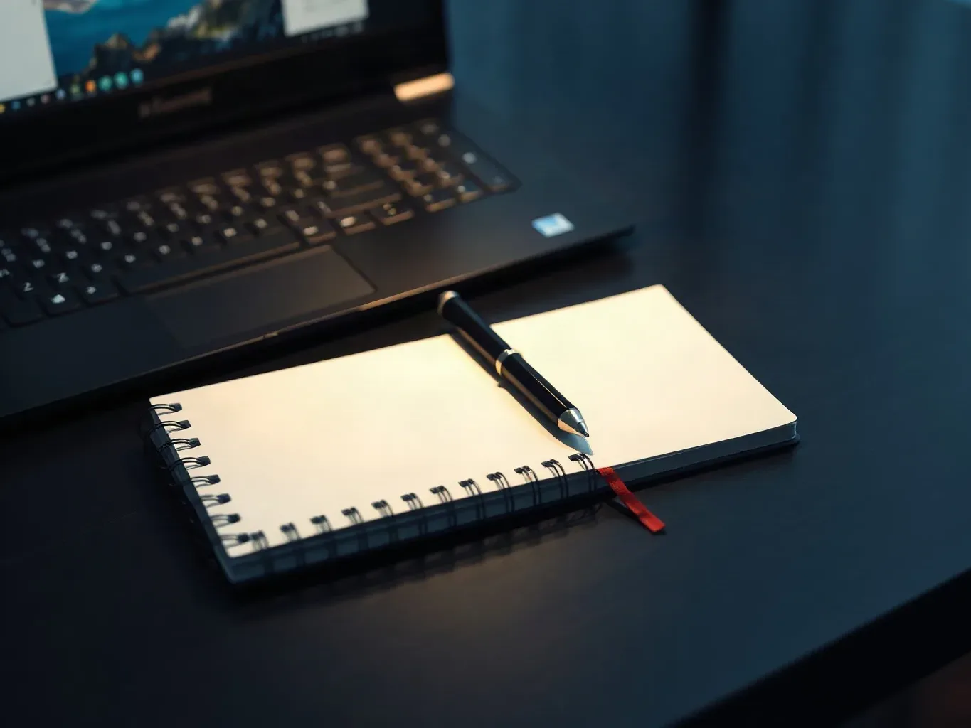 A spiral notebook lying open beside a keyboard