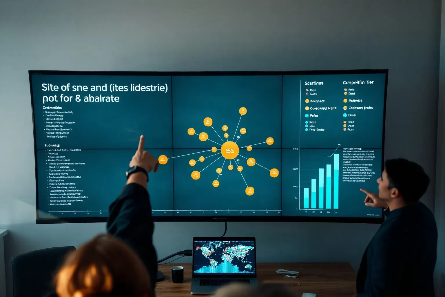 A wide monitor displaying an abstract node-and-edge link graph with unreadable content