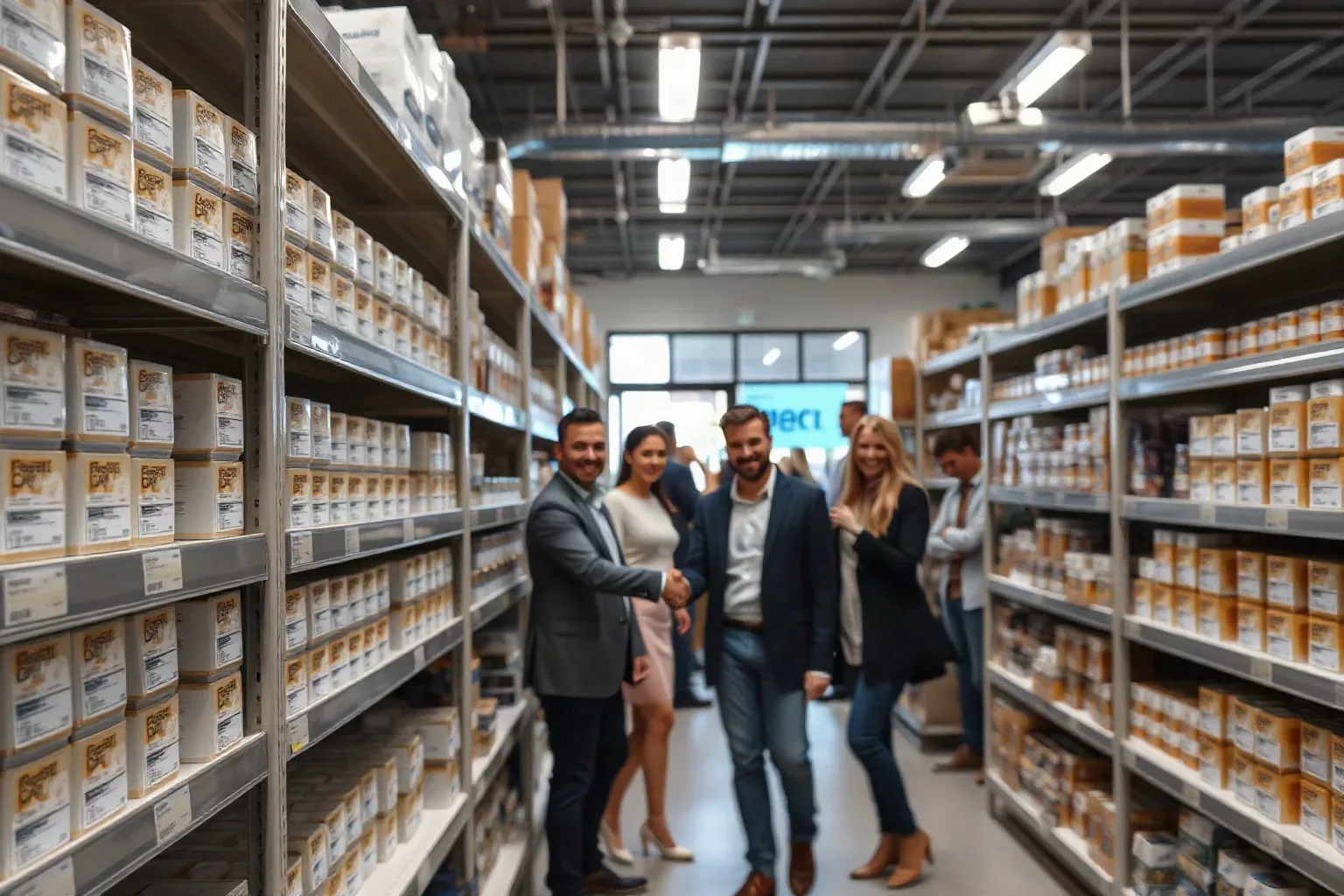 Shelving stocked with uniform product units in a retail trade interior