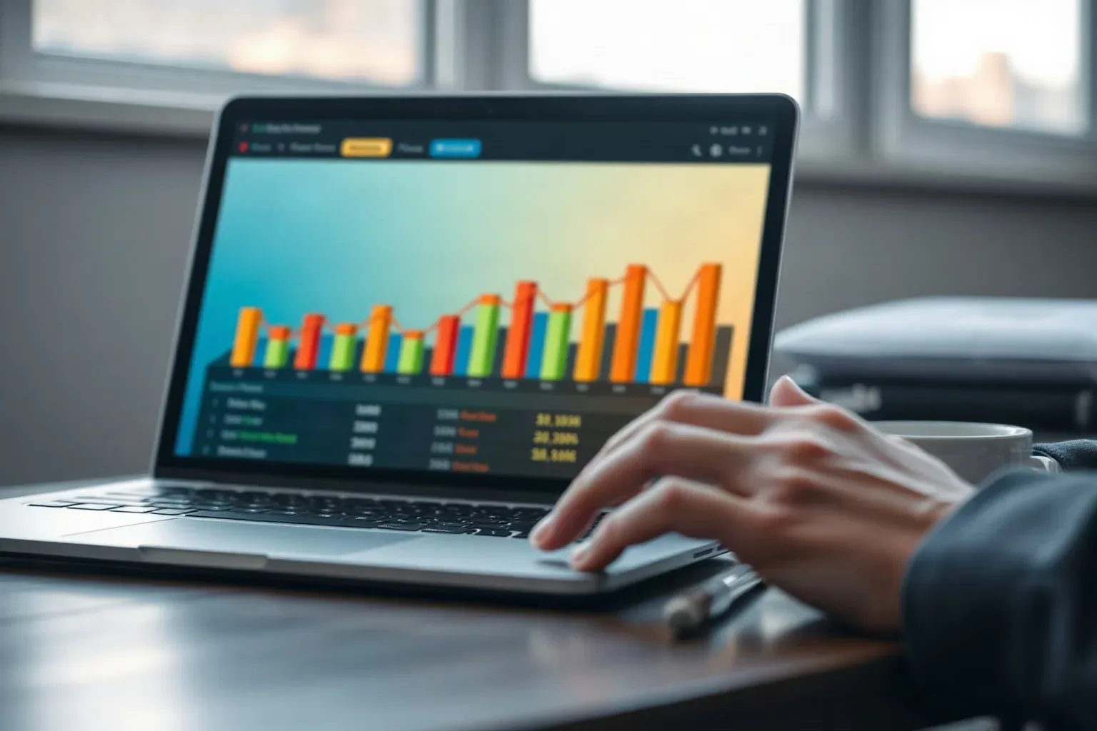 A laptop open at an angle showing a blurred dashboard of coloured metric bars