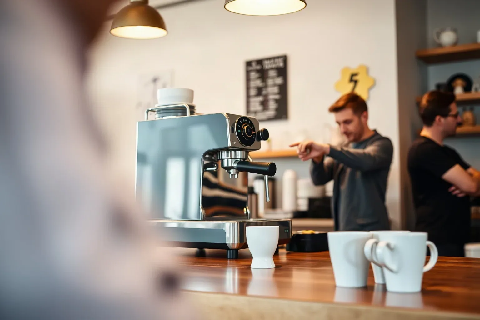 An espresso machine and a row of cups on a café service counter