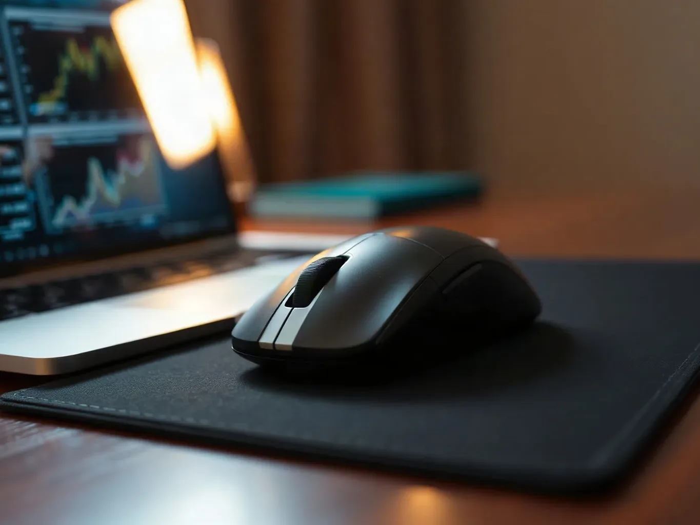 Precision mouse resting on a matte pad beside a closed laptop