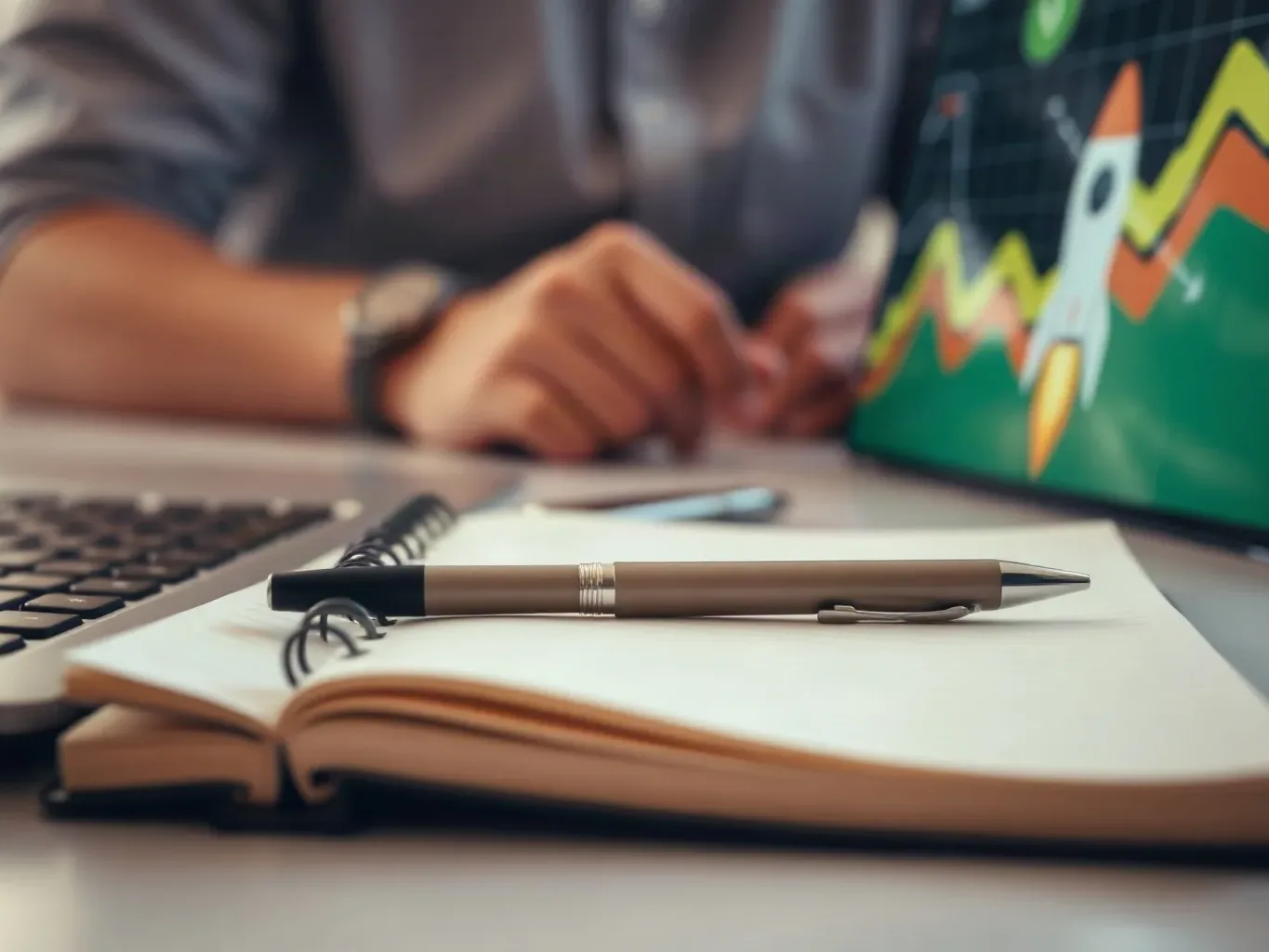 A spiral notebook lying open beside a keyboard
