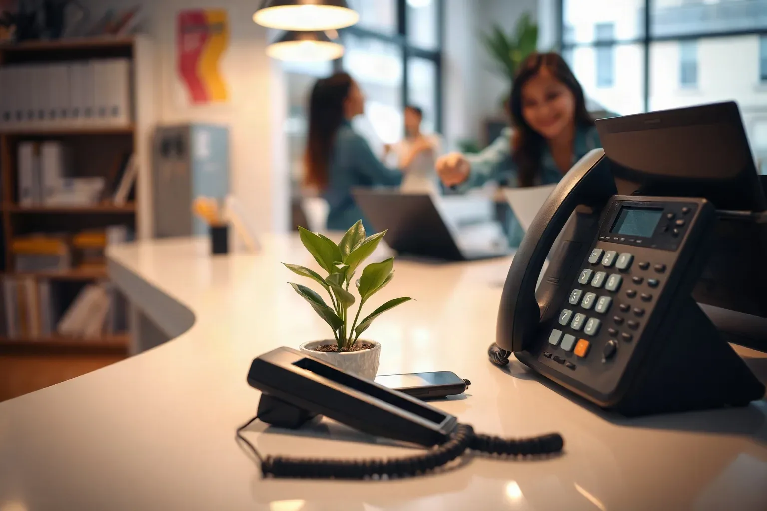 A clean retail service counter with a small potted plant and a telephone handset