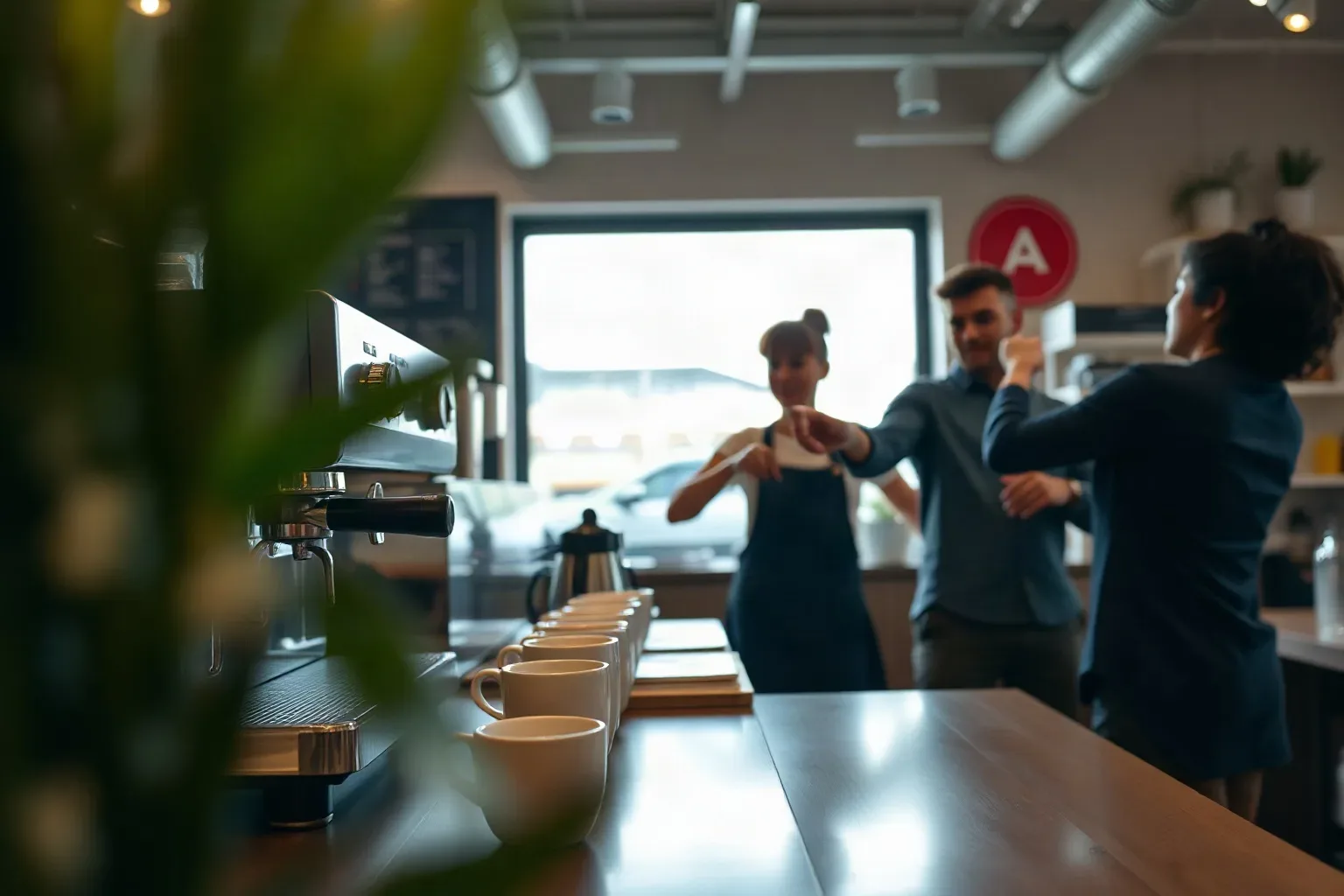 An espresso machine and a row of cups on a café service counter