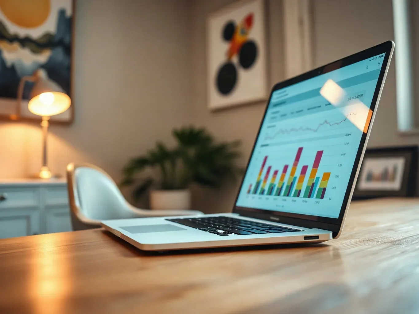 A laptop open at an angle showing a blurred dashboard of coloured metric bars