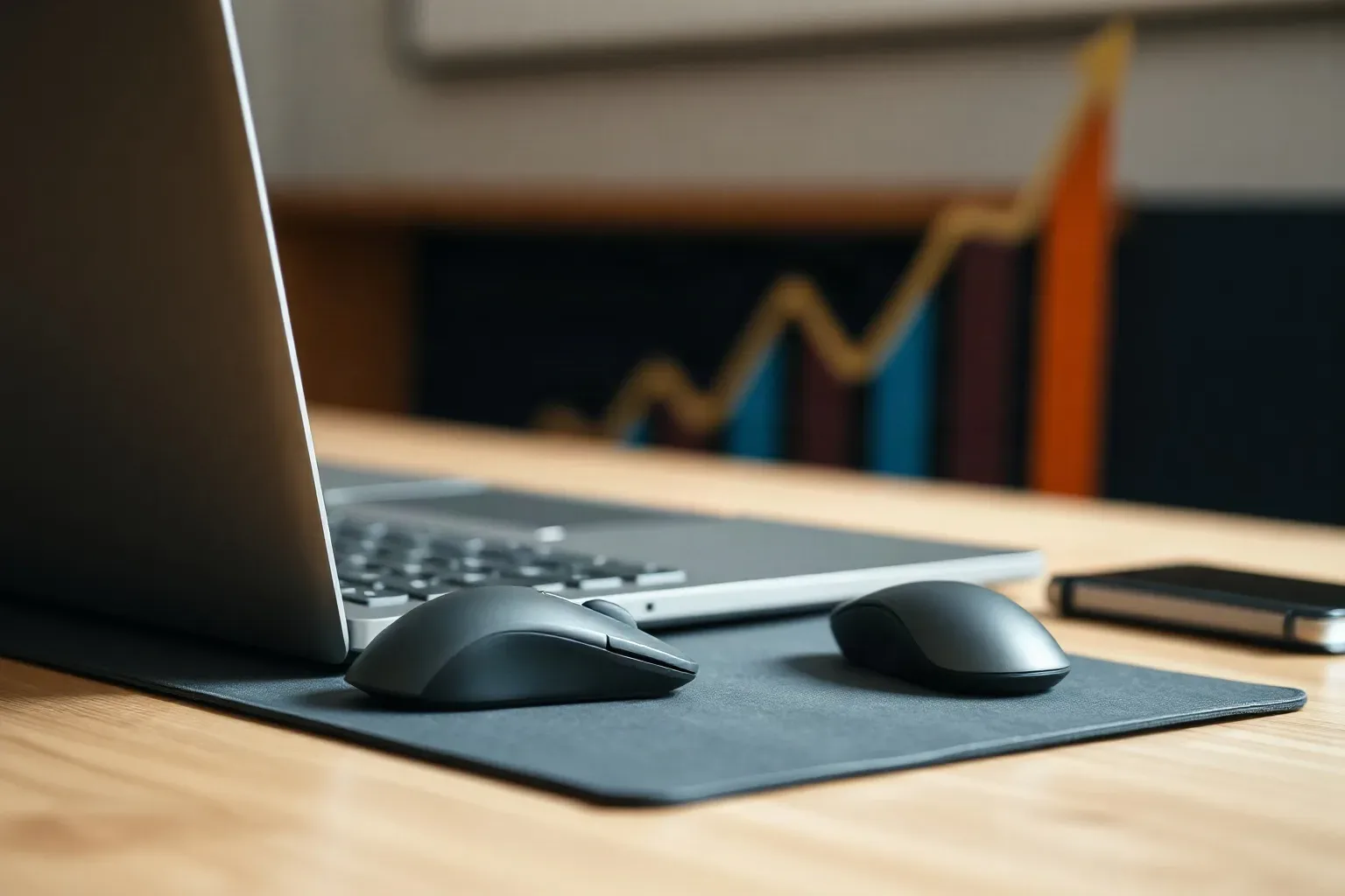 A precision mouse resting on a matte pad beside a closed laptop